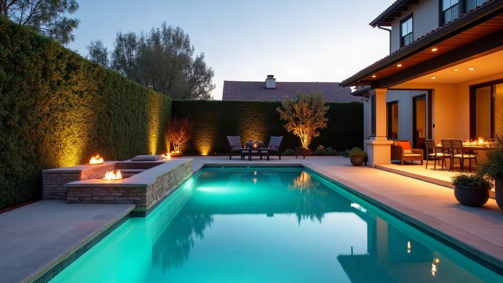 Sparkling backyard pool at dusk