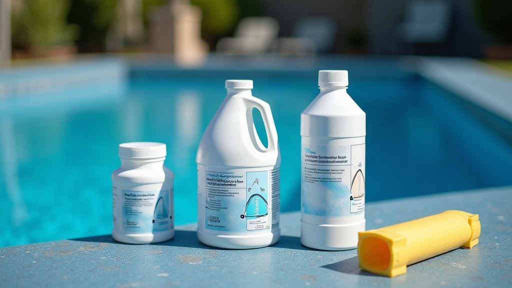Shelves of pool chemicals and supplies in store